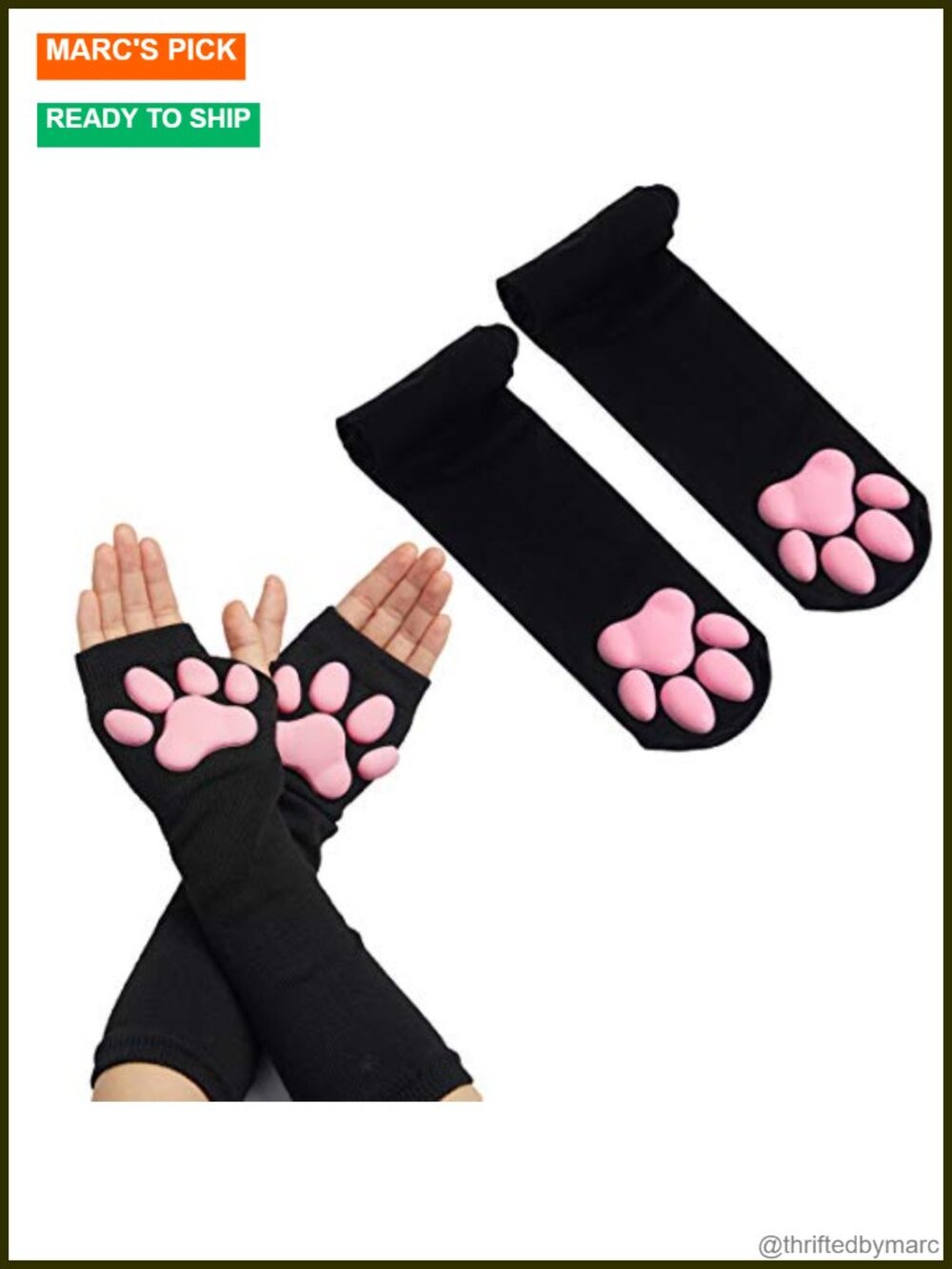 3D Cat Paw Thigh High Socks & Long Gloves Cosplay Set Silicone Anti-Slip